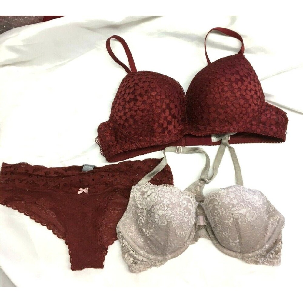 Victoria's Secret Bra 34C Tan, Laura Ashley Burgundy, + Free Aerie Burgundy S